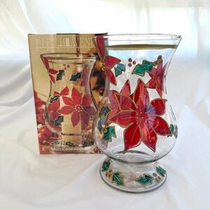 Fifth Avenue Crystal Poinsettia Glass 9” Hurricane Candle Holder or Vase